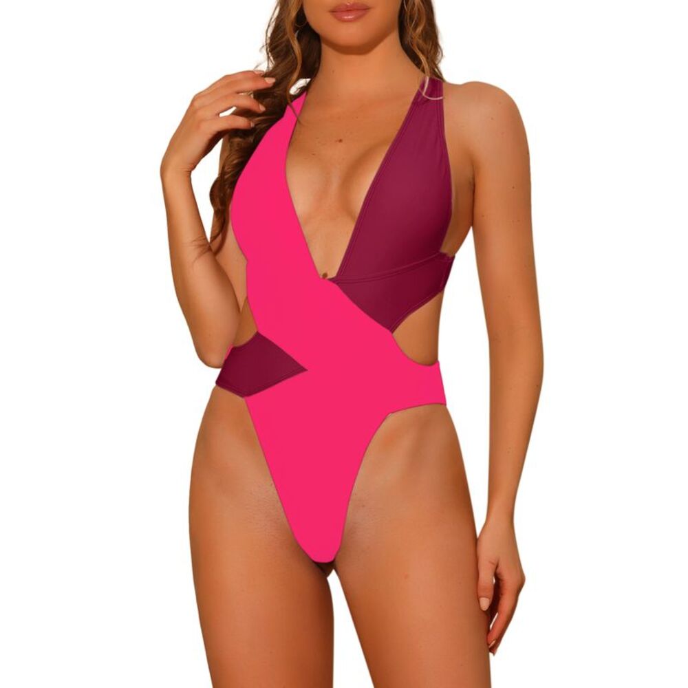 Contrast Color Deep V Neck Criss Cross Back Swimwear Fluorescent Pink & Wine Red